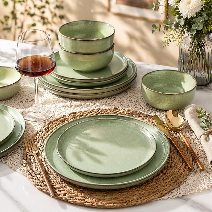 GBHOME 24 Pieces Double Bowls Dinnerware Sets for 6, Stoneware Plates and Bowls Set with Reactive Glaze, Scratch Resistant Stoneware Dishes Set, Dishwasher & Microwave Safe