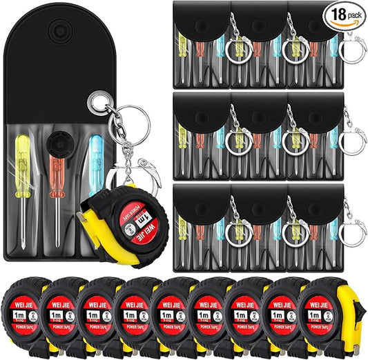 Jutom 18 Pcs Mini Tape Measure Keychain Bulk Mini Screwdriver Keychain Set Adult Tool Party Prize for Father's Men Gifts