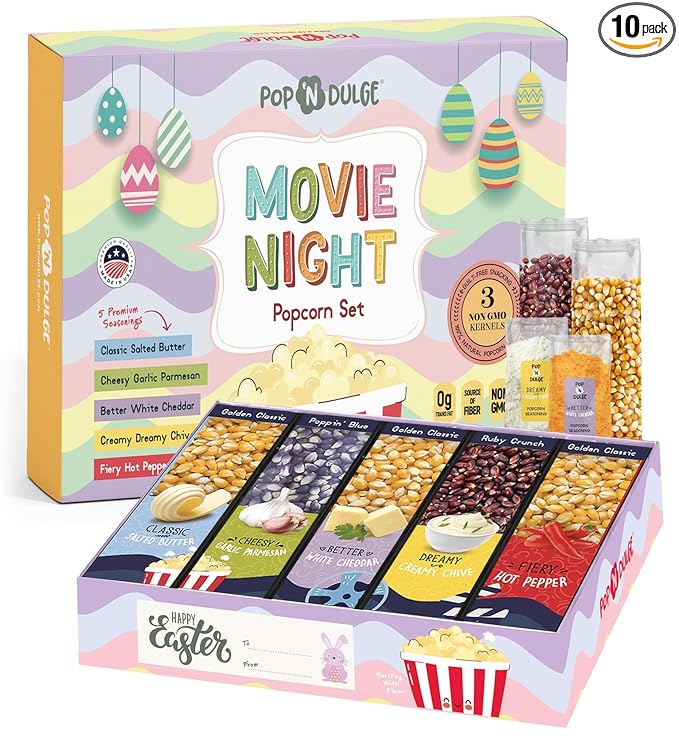 Easter Basket Stuffers Movie Night Popcorn Gift Set, Gourmet Popcorn Seasoning Variety Pack and Kernels, 3 Color Kernels and 5 Flavorings, Non-GMO, Gluten Free, Family Easter Gifts For Teens, Kids, Adults, 10 Pack