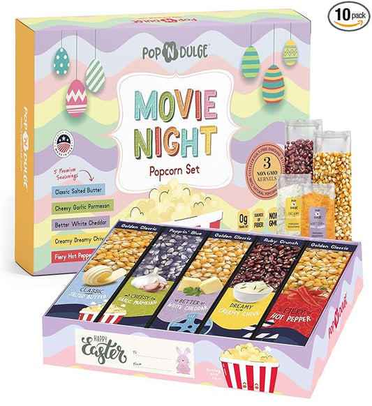 Easter Basket Stuffers Movie Night Popcorn Gift Set, Gourmet Popcorn Seasoning Variety Pack and Kernels, 3 Color Kernels and 5 Flavorings, Non-GMO, Gluten Free, Family Easter Gifts For Teens, Kids, Adults, 10 Pack