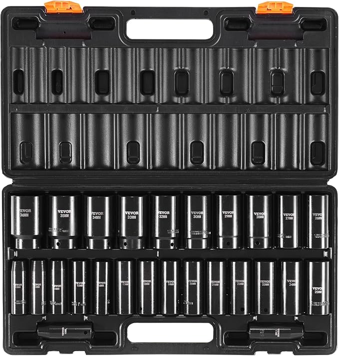 VEVOR Impact Socket Set 1/2 Inches 26 Piece Deep Sockets, 6-Point, Rugged Construction, Cr-V, 1/2 Inches Drive Socket Set Impact Metric 10mm - 36mm, with a Storage Cage