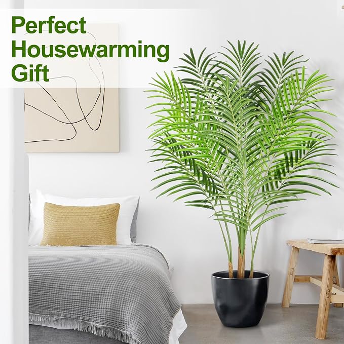 4ft Artificial Palm Tree Indoor Plant Tall Fake Tropical Paradise Palm Tree in Pot with Real Bark Design Faux Areca Palm Tree for Home Office Living Room Bedroom Farmhouse Modern Decor 1pcs