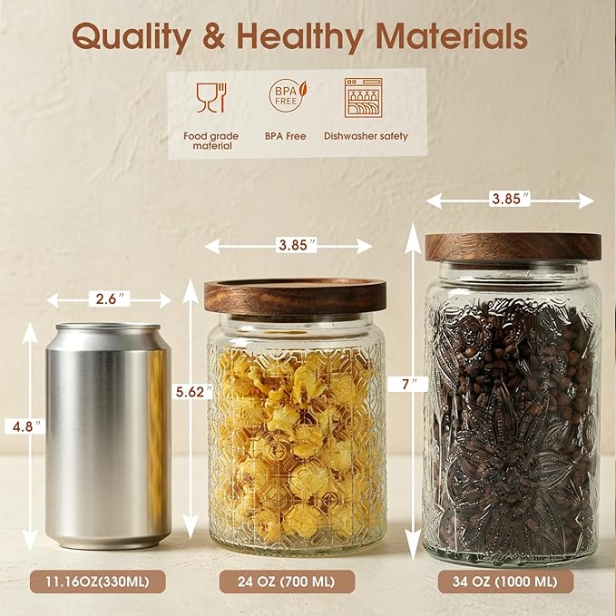 34 OZ Airtight Glass Storage Jar with Bamboo Lid - Vintage Glass Jar Vintage Food Containers Canisters Set for Kitchen Counter & Pantry - Ideal for Sugar, Flour, Coffee, Tea, Candy, Oats, Cereal