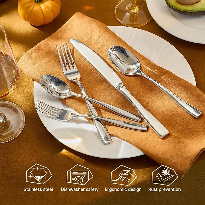 KINGSTONE Silverware Set for 6, 30-Piece Stainless Steel Flatware Set with Forks, Knives, Spoons, Dishwasher Safe Cutlery Set for Home, Wedding, Rust-proof