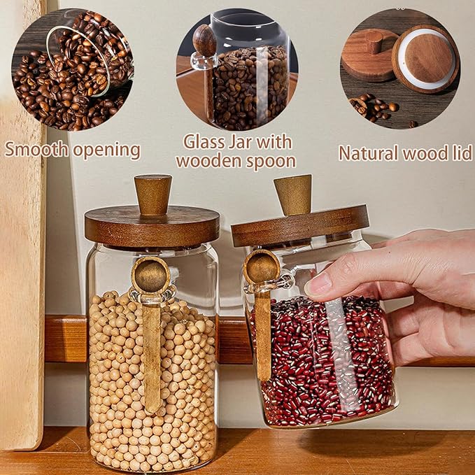 Coriario 24 OZ Glass Jar with Airtight Lid Spoon Clear Glass Storage Jars Wooden Lids Wide Mouth Glass Coffee Canister for Food Kitchen Candy Sugar Cookie Tea Decorative