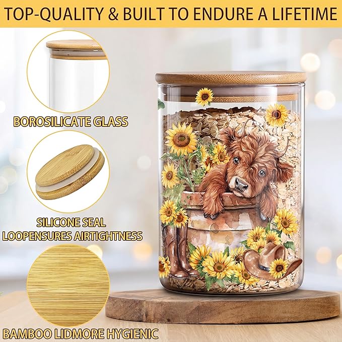 Highland Cow Clear Glass Storage Jar, Airtight Food Canister for Kitchen Countertop, Coffee Tea Sugar Cookie Spice Home Kitchen Organizers, Highland Cow Sunflower Kitchen Decor 3Pack