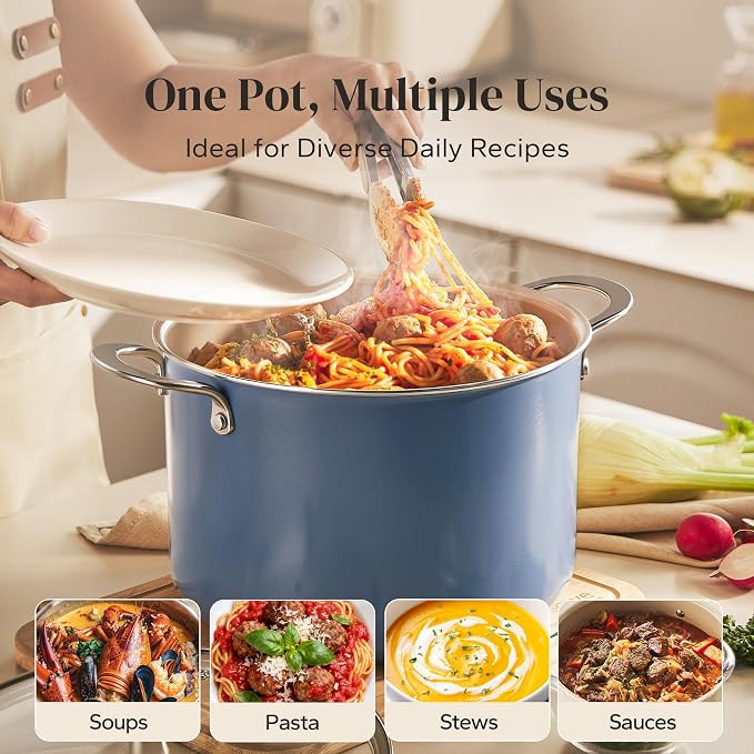 Redchef Nonstick Stock Pot with Lid 8 QT, Ceramic Large Pasta Pot for All Stovetops, Stockpot Cooking Soup Pot for Kitchen, PFOA Free, Sturdy Handles, Even Heating, Oven/Dishwasher Safe, Blue