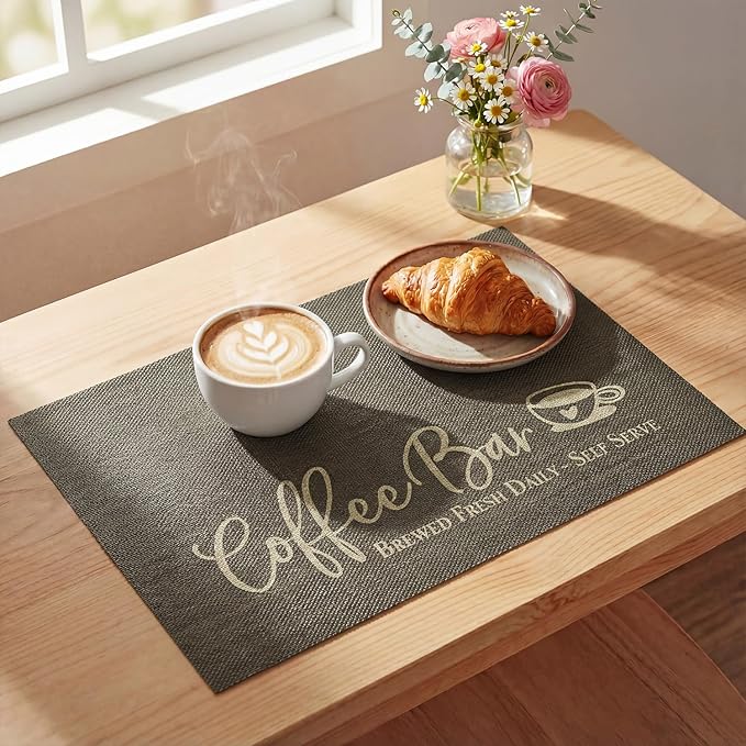 Artoid Mode Coffee Bar Mat Set of 2, Plastic Vinyl Washable Woven Non-Slip Table Mats for Coffee Machine Decor,Dark Gray