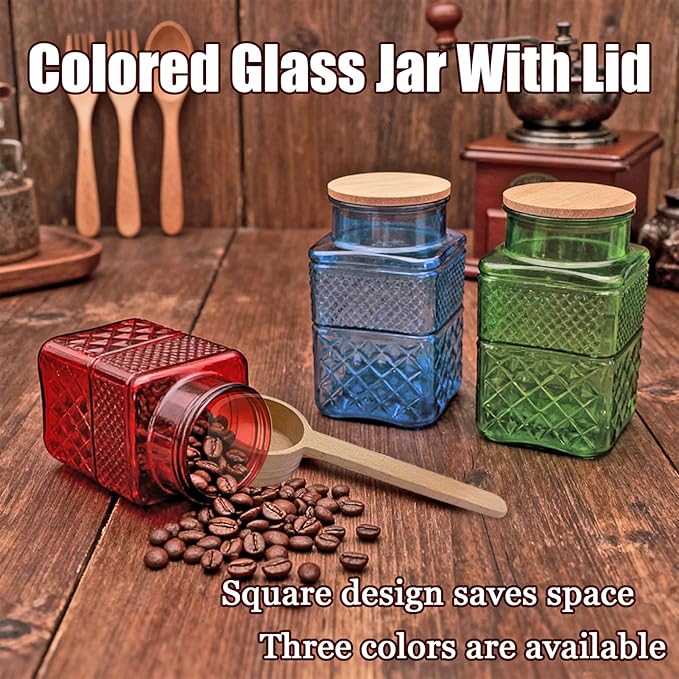 Coriario 60oz Vintage Glass Jar with Airtight Lid and Wood Spoon Blue Square Glass Storage Canisters Jars for Food Candy Flour Sugar Cookie Coffee Tea Decorative Vase