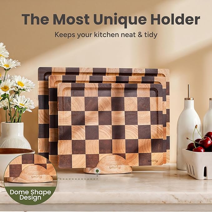 SMIRLY Wood Cutting Boards for Kitchen Wooden Chopping Board Set Reversible with Deep Juice Grooves Grip Handles, Large Charcuterie Tray for Home Kitchen, Rubber Wood, 3Pcs with Holder