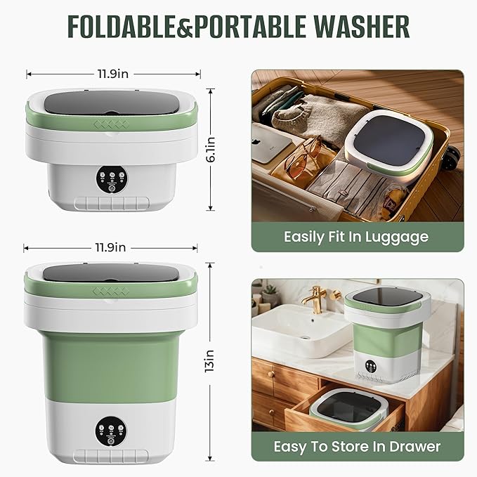 20L Foldable Portable Washing Machine, 45dB Ultra Quiet 3 Speed Mini Laundry Washer, No Installation Compact Underwear Clothes Washer for Travel RV Dorm Apartment Camping Home, Green