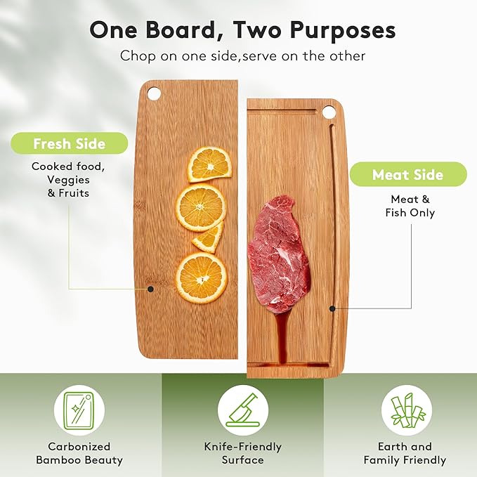 Bamboo Cutting Boards for Kitchen,Carbonized Wood Cutting Board with Deep Juice Groove for Chopping Meat, Vegetables, Fruits, Nuts,Lightweight & Durable,Ideal Kitchen Gift