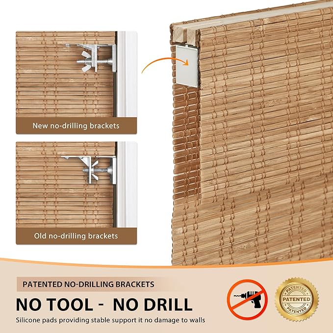 LazBlinds No Tools No Drill Cordless Bamboo Roman Shades, Light Filtering Window Treatment, Roll Up Bamboo Blinds for Windows 25'' W x 48'' H, Ceylon Light Russet