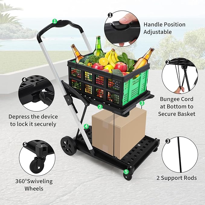 2-Tier Folding Shopping Cart with Wheels, Collapsible Grocery Cart with Removable Crate, Portable Shopping Trolley for Home, Groceries, Garden-Green