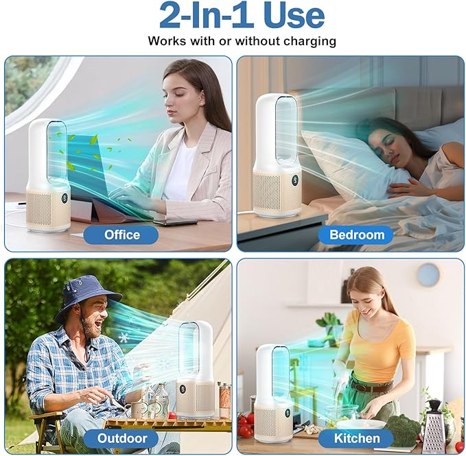Small Bladeless Desk Fan Quiet, 14 Inch USB Rechargeable Table Fan with 5000mAh Battery, 60° Oscillating 9 Speeds Touch Control, 3 Light Modes, Mini Portable Fan for Office Bedroom Living Room