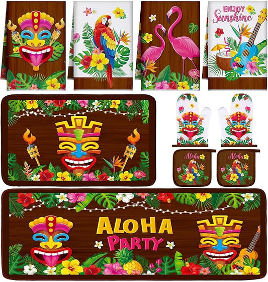 Fourluoo 10 Pcs Hawaii Kitchen Towels Oven Mitts and Pot Holder Luau Aloha Kitchen Set Decor Flower Tropical Palm Rugs and Mats Parrot Flamingo Dish Towels for Summer Chef Baking Cooking Grilling BBQ
