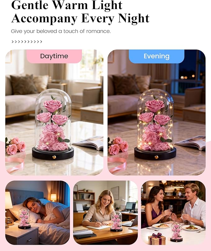 Agrul Mothers Day Flowers Roses Gifts for Mom,Forever Preserved Flower Rose in Glass Dome Fresh Flowers for Delivery Mothers Day Roses Gifts for Wife Women Mom Grandma from Daughter/Pink Rose
