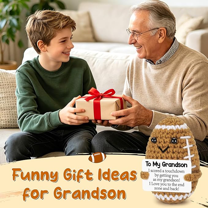 BiuNiuring Mini Funny Grandson Gifts from Grandma Grandpa, Handmade Crochet Mini Football Grandson Birthday Gifts from Grandparents, Grandson Present for Father's Day Cute Desk Decor