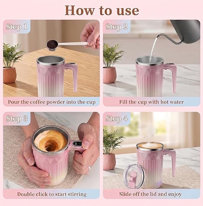 Self Stirring Coffee Mug 13.5 Oz with Lid, 316 Stainless Steel Automatic Magnetic Mixing Cup with a Built-in Lcd Thermometer (Gradient Crystal Pink)