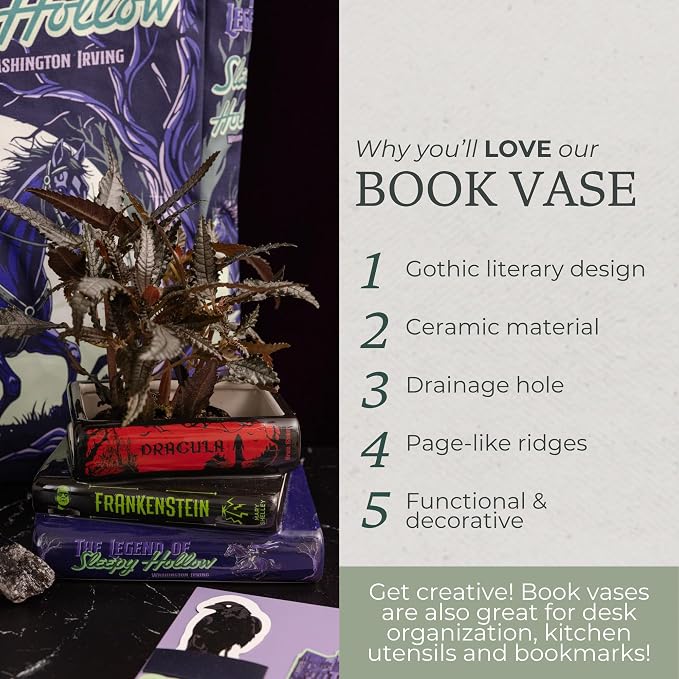 Steel Mill & Co. Ceramic Stacked Books Planter, Gothic Stories | Ceramic Plant Pot with Drainage Hole & Removable Stopper, Literary Decor, Frankenstein, Dracula, & Sleepy Hollow