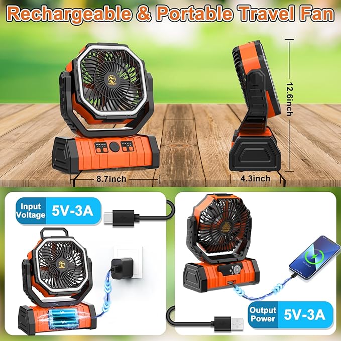 20000mAh Rechargeable Camping Fan, Auto-Oscillating Portable Fan for Camping with Remote & LED Lantern, 4 Speeds Battery Powered Fan with Hanging Hook & Timer for Tent, Travel, Outdoor, Home, RV