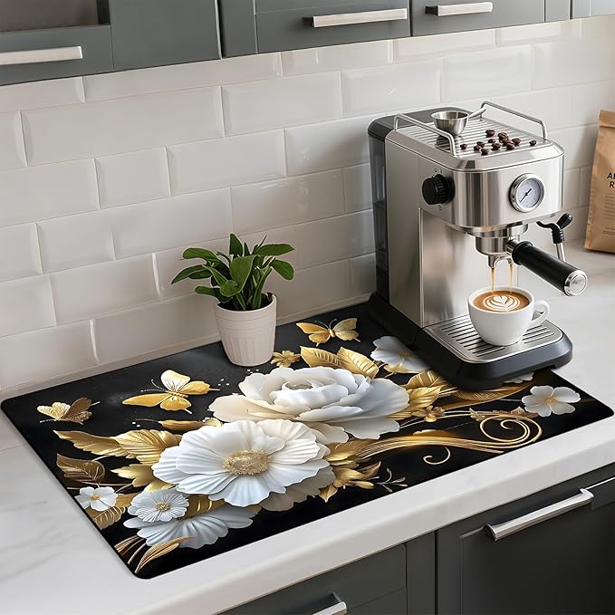 Coffee Mat 17"x32" - Extra Large Absorbent Non Slip Dish Drying Mat,Coffee Bar Accessories,Kitchen Counter Protector for Coffeemaker, Sink, Dining Decor