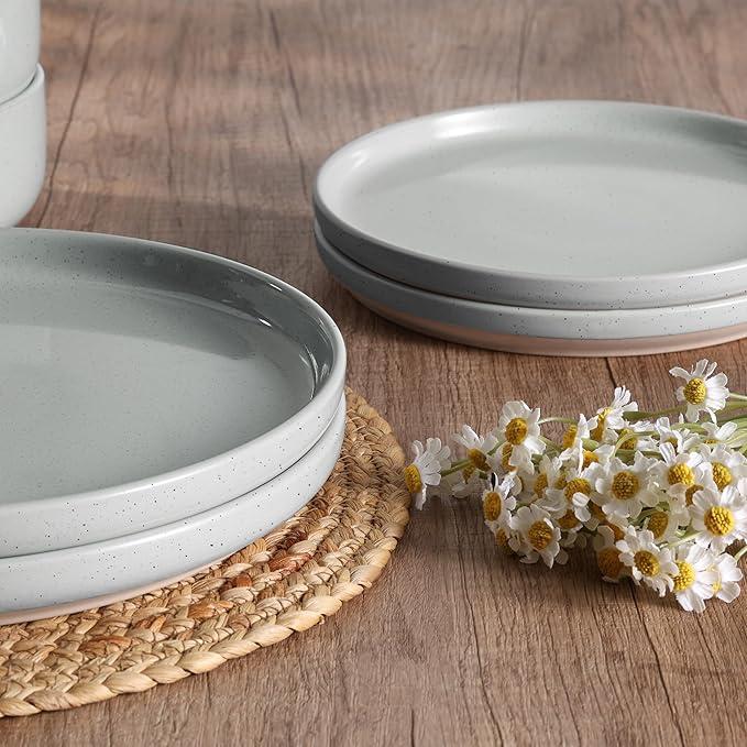 HaWare Stoneware Dinnerware Sets, 24-Piece Plates and Bowls Set for 8, Dishes Set for Home Restaurant, Speckled Misty Grey