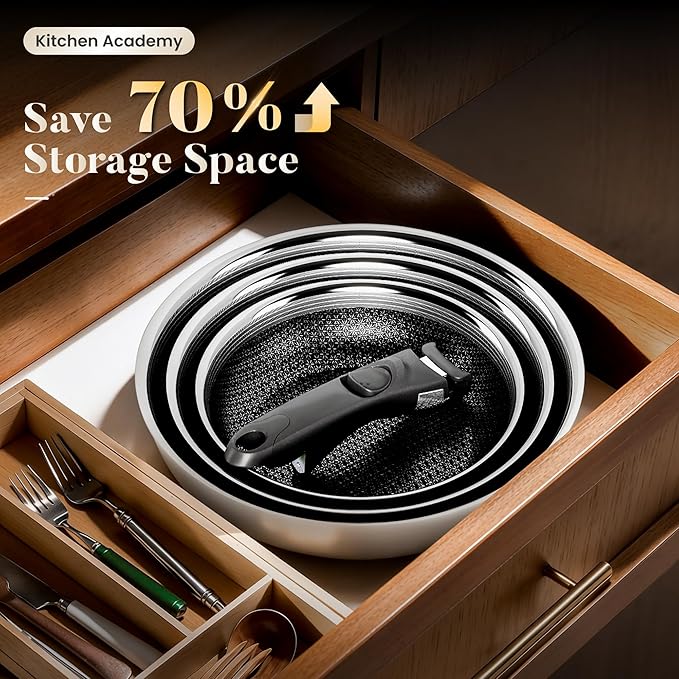 Kitchen Academy 3-Ply Stainless Steel Frying Pans Set, 8/9.5/11 Inch 18/10 Nonstick Skillets with Removable Handle for Small Spaces, Dishwasher & Oven Safe Induction RV Camping Pans