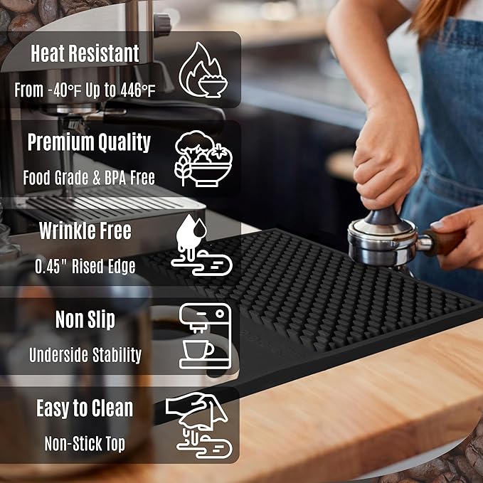 Coffee & Bar Mat For Countertop With "Edge Protection" – Espresso Machine & Coffee Maker Mat – Silicone Heat Resistant Mat – Non-Slip & BPA-Free Food Grade Mat – 16"(Front) x 24"(Length), Black