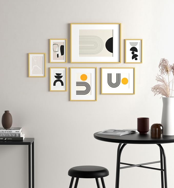 eletecpro Aluminum Gallery Wall Frame Set of 7 with Glass Cover, Gold | Including 1Pc 11x14, 2Pcs 8x10, 4Pcs 5x7 Photo Frames, Multiple Sizes Picture Frames Collage Wall Decor or Tabletop Display