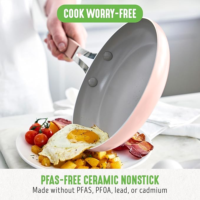 GreenLife 10-Piece Nonstick Ceramic Cookware Set, Lightweight Healthy PFAS-Free Pots & Pans with Lids, Dishwasher & Oven Safe, Durable Body, Silicone Stay-Cool Handles, Easy Release, Pink