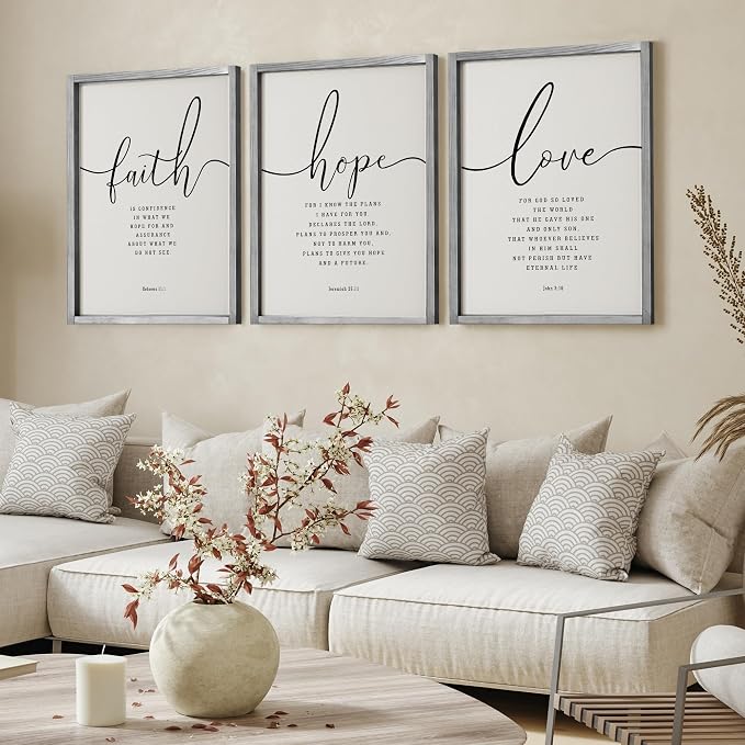 Houmury Set of 3 Framed Farmhouse Bible Verses Wall Decor Sign 11”x14” Christian Faith Scripture Wall Art for Home Living Room Bedroom Wall Decor (11"x14" Grey)