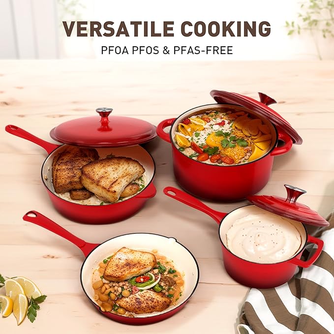 MAISON ARTS 7 Piece Enameled Cast Iron Cookware Set, Heavy Duty Induction Dutch Ovens Pot with Lid, Red Non Toxic Pots and Pans Sets, PFOA-PFOS Free