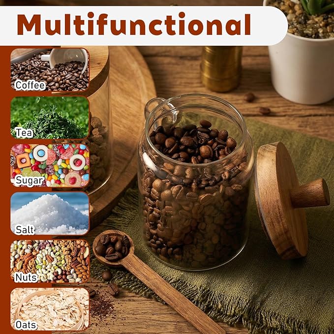 6 Pcs Coffee and Sugar Container Set, 20 oz Glass Coffee Jars with Wooden Lids and Scoops, Loose Leaf Tea Storage Canister Decorative Sugar Tea Creamer Canisters for Kitchen Countertop
