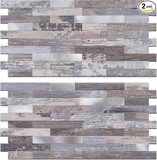 StyloVue 2 Sheets Peel and Stick Backsplash, Distressed Wood with Metal Silver Self Adhesive Wall Tiles Upgrade Your Kitchen Backsplash, RV, Fireplace