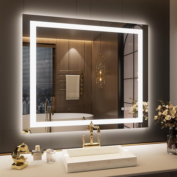 LOAAO 30"X38" LED Bathroom Mirror with Lights, Anti-Fog, Dimmable, Backlit + Front Lit, Lighted Bathroom Vanity Mirror for Wall, Memory Function, Tempered Glass, Safe to Use, ETL Listed