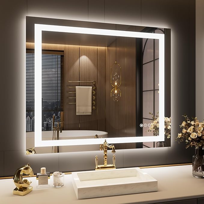 LOAAO 42"X36" LED Bathroom Mirror with Lights, Anti-Fog, Dimmable, Backlit + Front Lit, Lighted Bathroom Vanity Mirror for Wall, Memory Function, Tempered Glass, Safe to Use, ETL Listed