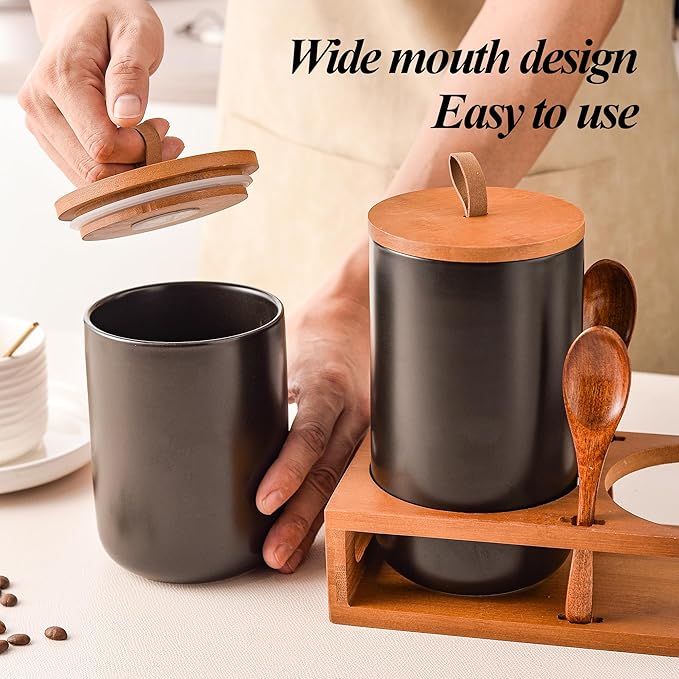 Black Ceramic Canister Set of 2 with Bamboo Lids, Wooden Stand & Spoons – 35oz & 28oz Airtight Food Storage Jars for Coffee, Sugar, Tea, Kitchen Counter Organizer