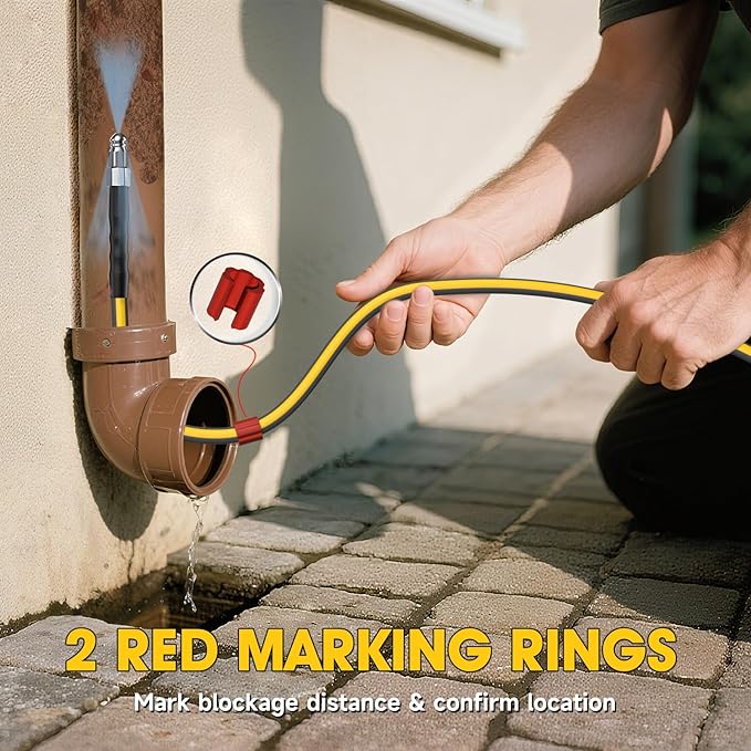 Sewer Jetter Kit for Pressure Washer, 5800PSI Drain Cleaner Hose 1/4 Inch NPT Corner,Showerhead,Rotating rotates,Mushroom Nose,Corner sewer nozzle(50FT)