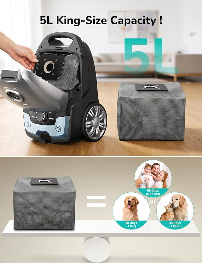 Aspiron Canister Vacuum, 1700W/45KPA Bagged Vacuum Cleaner, 5L Large Capacity, Auto Cord Rewind, HEPA Filter, Low Noise, 8M Cleaning Radius, Easy to Push, for Hard Floor, Low Pile Carpet, Crack, Car