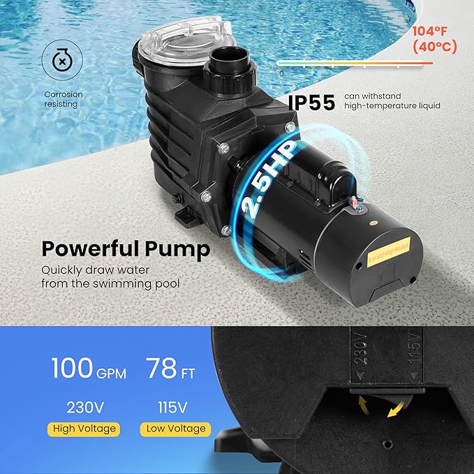 VIVOHOME 2.5HP Dual Voltage Pool Pump, High Lift 78FT Self-Priming, DOE Energy Saving, 1.5" & 2" Connectors w/Strainer Basket for In/Above Ground Pools