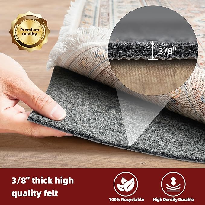 BAGAIL Felt and Natural Rubber Backing Rug Pads 3/8” Thick, 7.5 x 10 Ft Non Slip Carpet Gripper Keep Rugs in Place, Under Area Rug Protective Cushioned Pads, Carpet Runners, Hardwood Floors Protection