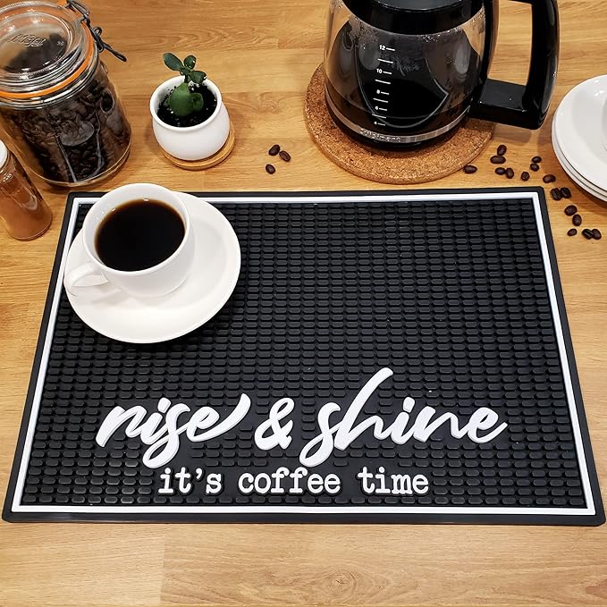 New Mungo Coffee Bar Mat – “Rise & Shine It’s Coffee Time” – Spill-Proof PVC Coffee Station Mat, Non-Slip Countertop Protector 18"x12"