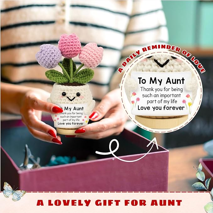 Aunt Gifts - Mothers Day, Birthday Gifts for Aunt from Kids Nephew Niece - Auntie Present for Women - 5.51'' x 4.13'' Knitted Positive Tulip Flowers Auntie Crochet Doll