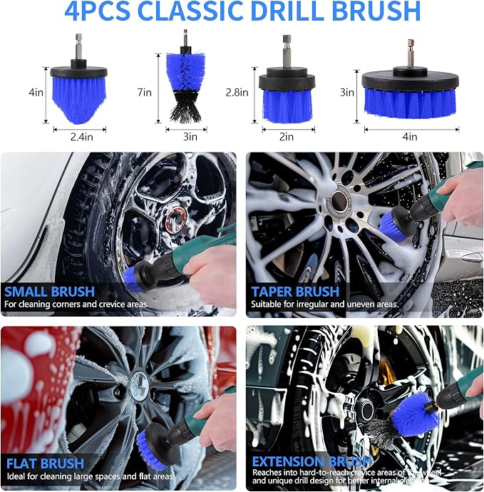 32Pcs Car Detailing Kit, Drill Brush Attachments with Detailing Brush Set and Tools Box, Blue Auto Cleaning Kit Interior for Dashboard, Wheels, Windows (C：32PCS-B)