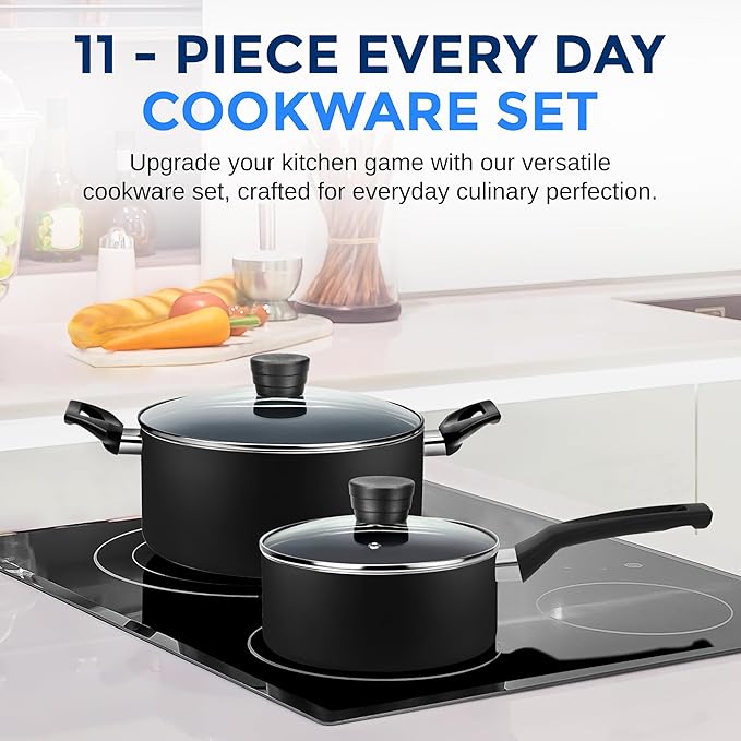 SereneLife Kitchenware Pots & Pans Basic Kitchen Cookware, Black Non-Stick Coating Inside, Heat Resistant Lacquer (11-Piece Set), One Size, Black