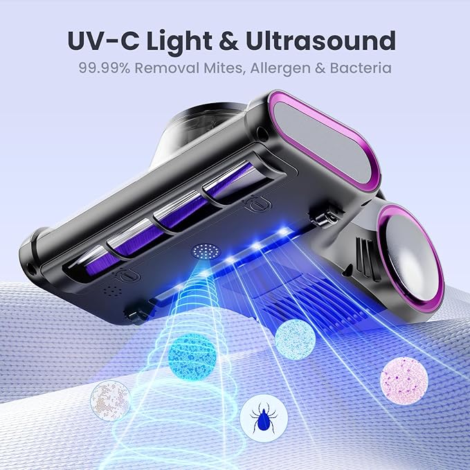ezly Mattress Vacuum Cleaner with 18KPa Strong Suction, Mattress Cleaner | HEPA Filter, 253.7nm UV-C Light, Ultrasonic, 48,000 RPM Tapping Bed Vacuum for Sofa & Couch,140°F Heat Drying, 5M Corded