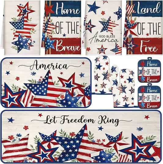 Fourluoo 10 Pcs 4th of July Kitchen Decor and Accessories Red Blue and White Oven Mitts and Pot Holders Set Dish Towels Patriotic Independence Day Kitchen Decor for Chef Baking Cooking BBQ Women Gift