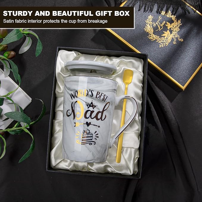 Birthday Gifts for Dad from Daughter, Son or Wife, Worlds Best Dad Mug – 14Oz Unique Grey Marble Coffee Cup with Gold Print, Funny Christmas Fathers Day Present, with Lid, Spoon, Card, Luxury Gift Box