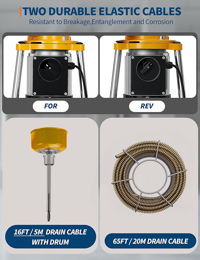 Electric Sewer Snake Drain Auger, Drain Cleaner Machine with 66FT x 5/8" & 16FT x 3/5" Steel Cables, 6 Cutters, 500w Power Auto Feed Pipe Snake for 1.6"-4" 500 w 400 RPM for Sink Toilet Drainage